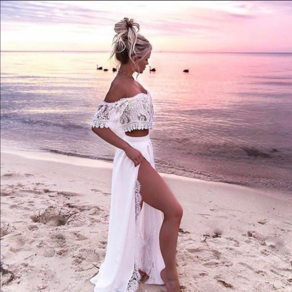 Summer Open Shoulder Top and Long Skirt Beach Set.